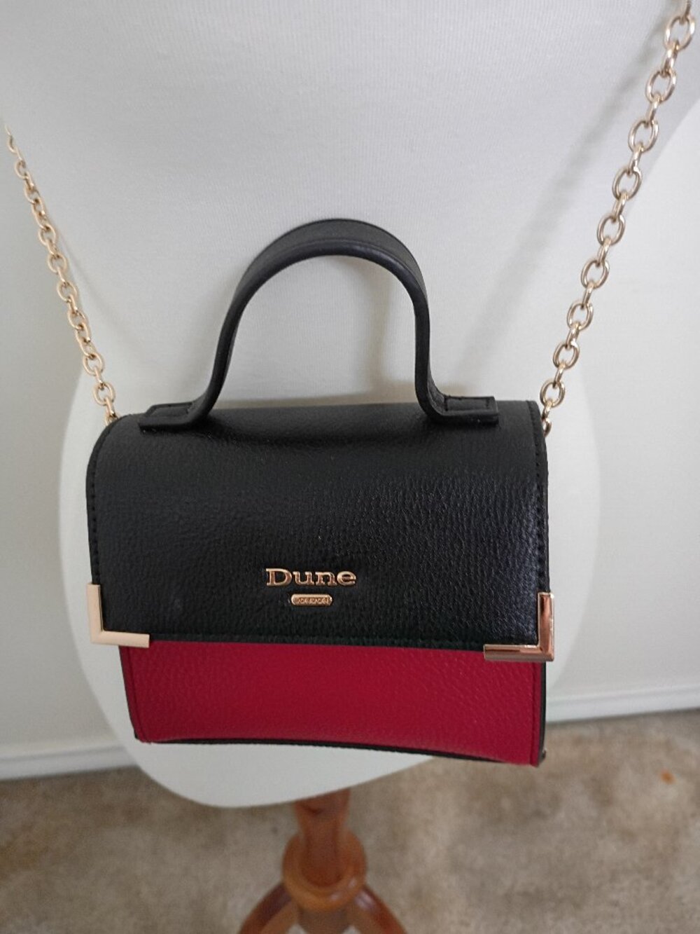 Dune London Mini Vegan Cross Body Bag w/ Red Body, Black Flap & Pink Sides Chain